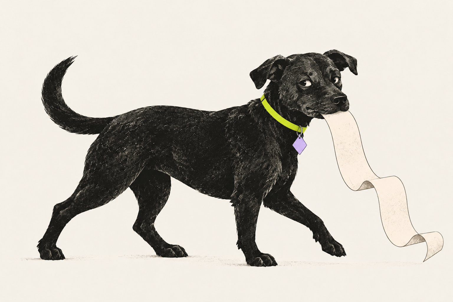 A sturdy black dog with folded ears and a diamond collar tag, carrying a very long receipt.